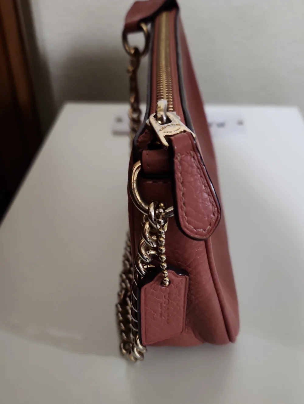 Coach Pebble Leather Shoulder Wristlet in Dusty Rose with Gold Chain